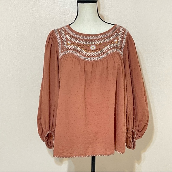 Max Studio Women’s Embroidered Peasant Blouse Swiss Dot Top Size Large - Picture 1 of 10